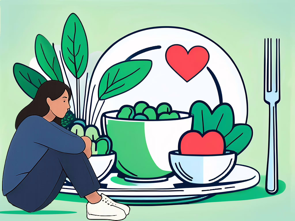 Illustration for post: Making the Choice: Inpatient Eating Disorder Treatment for Teenagers showing a female teenager sitting contemplating plates and bowls filled with healthy food options.