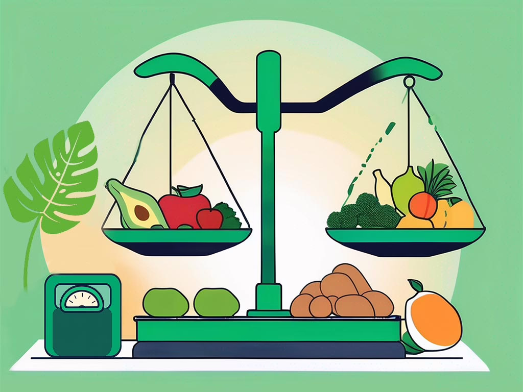 Illustration for post: Managing Weight Gain During Eating Disorder Recovery: A Practical Guide showing an old fashion food scale with balanced containers of food and a human weight scale on the left bottom side