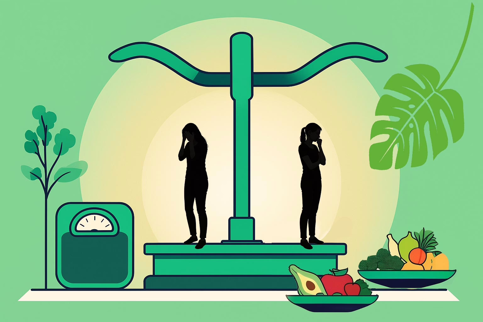 Illustration for post: Managing Weight Gain During Eating Disorder Recovery: A Practical Guide showing an old fashion food scale frame with two femals in silhouette standing on its base. One looking at himan weight scale is depressed. The other looking at the healthy food in bowls on the right is thoughtful