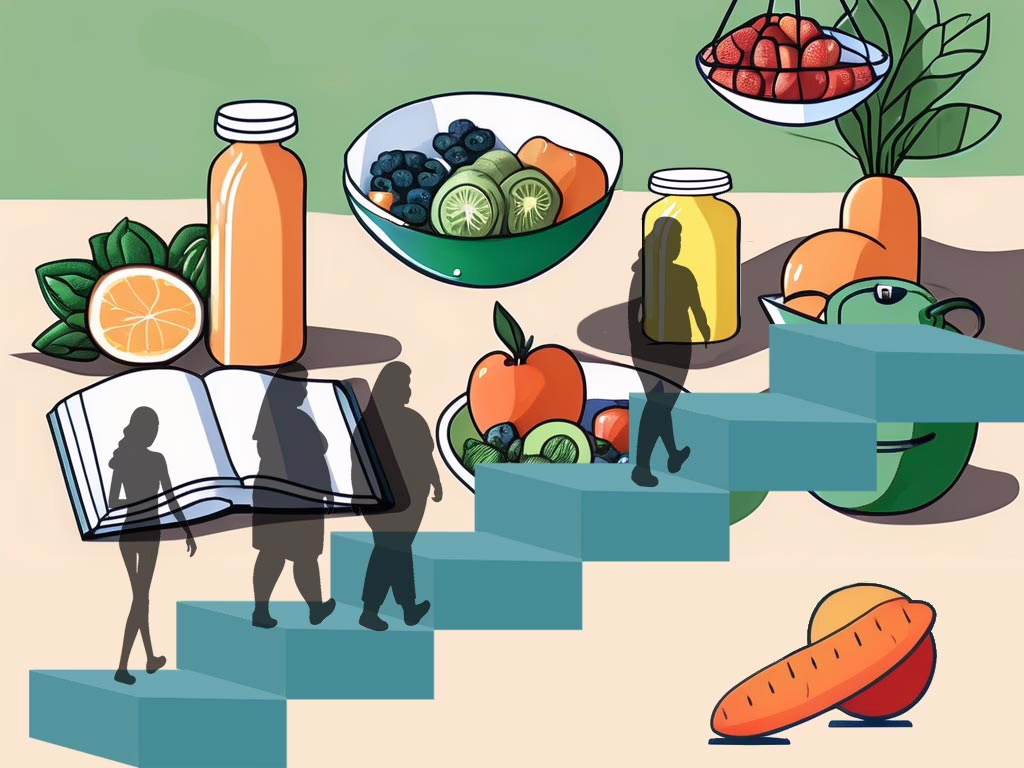 Illustration for post about Practical Steps for Achieving Eating Disorder Recovery showing steps in fore ground with 4 females with different body shapes climbing them. Background shows healthy food fruit and vegetables in bowls