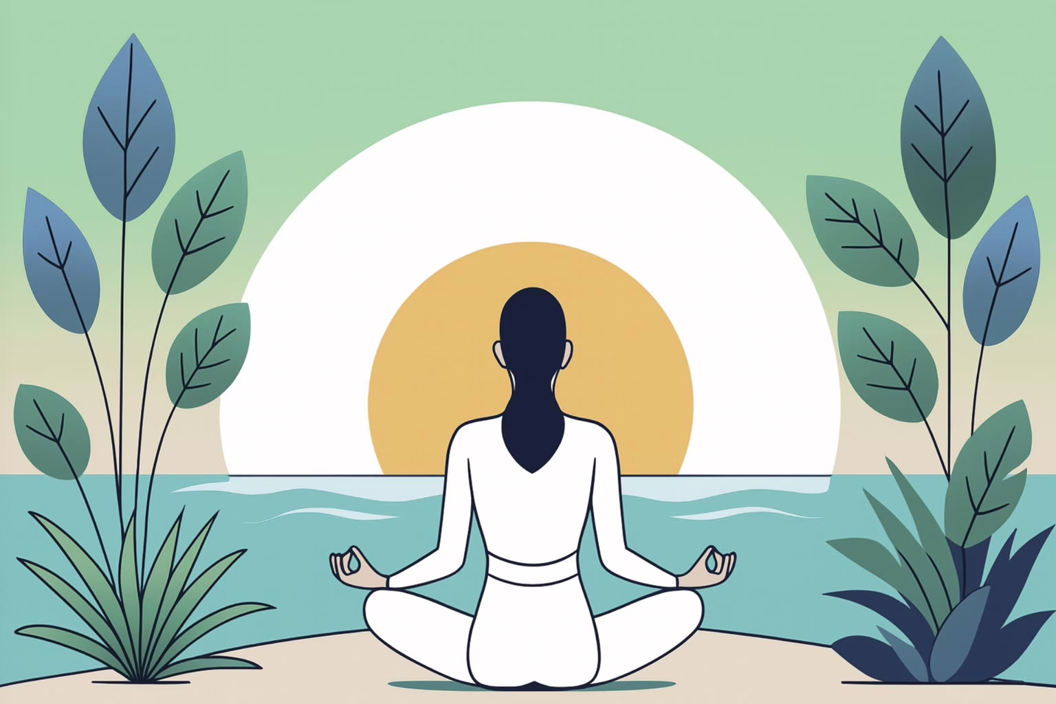 Illustration for post about Practical Steps for Achieving Eating Disorder Recovery showing the back of a female in the lotus position meditating as the sun rised over water. Foliage on either side of her.