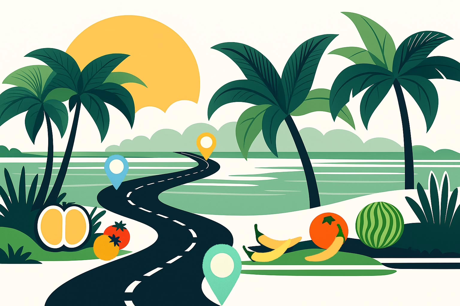 Illustration of atropical landscape with a blacktop road leading off to the horizon- Concept A Roadmap to recovery from eating disorders