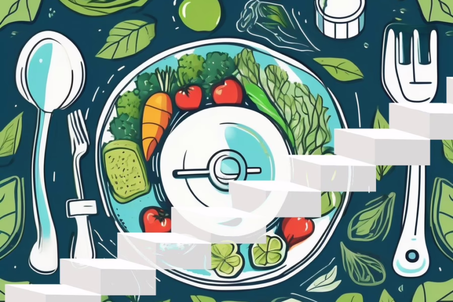 Illustration for post: Steps to Secure Effective Eating Disorder Treatment showing a table top with a placesetting. The plate is filled with healthy food. Superimposed over the image is a semi transparent white staircase.