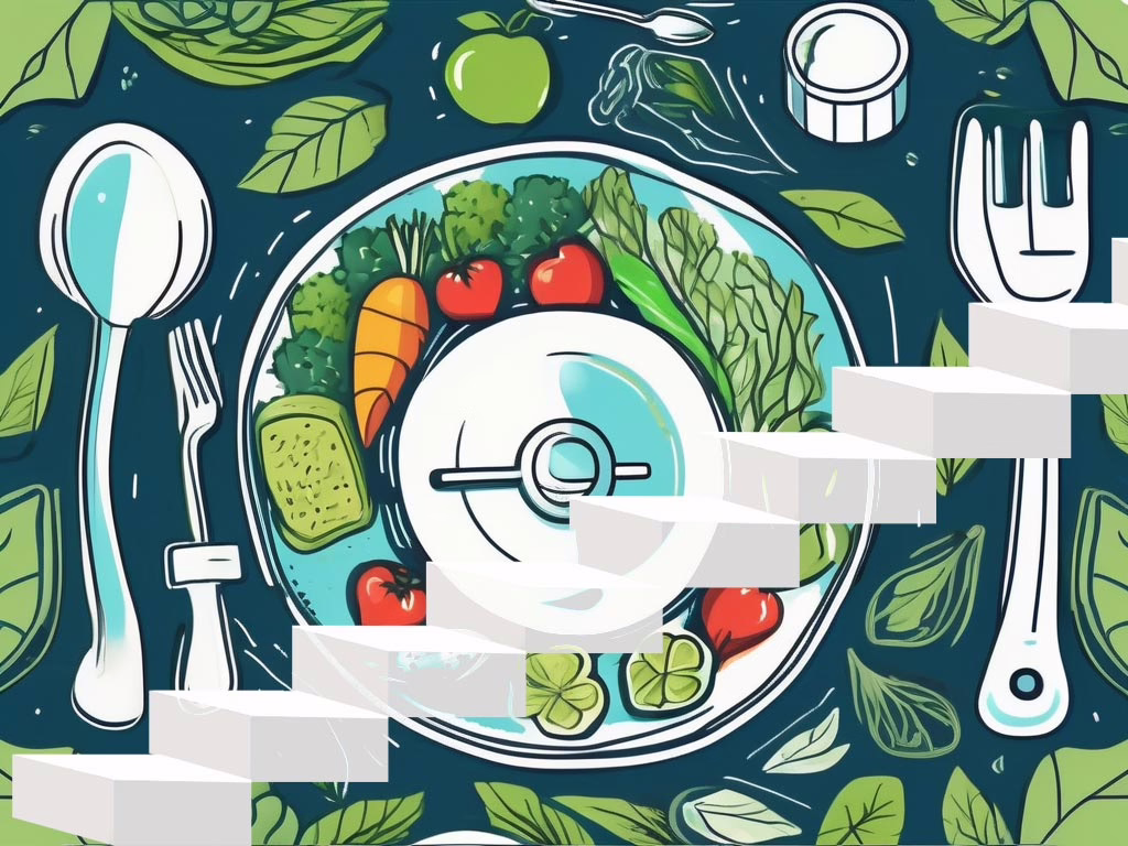 Illustration for post: Steps to Secure Effective Eating Disorder Treatment showing a table top with a placesetting. The plate is filled with healthy food. Superimposed over the image is a semi transparent white staircase.