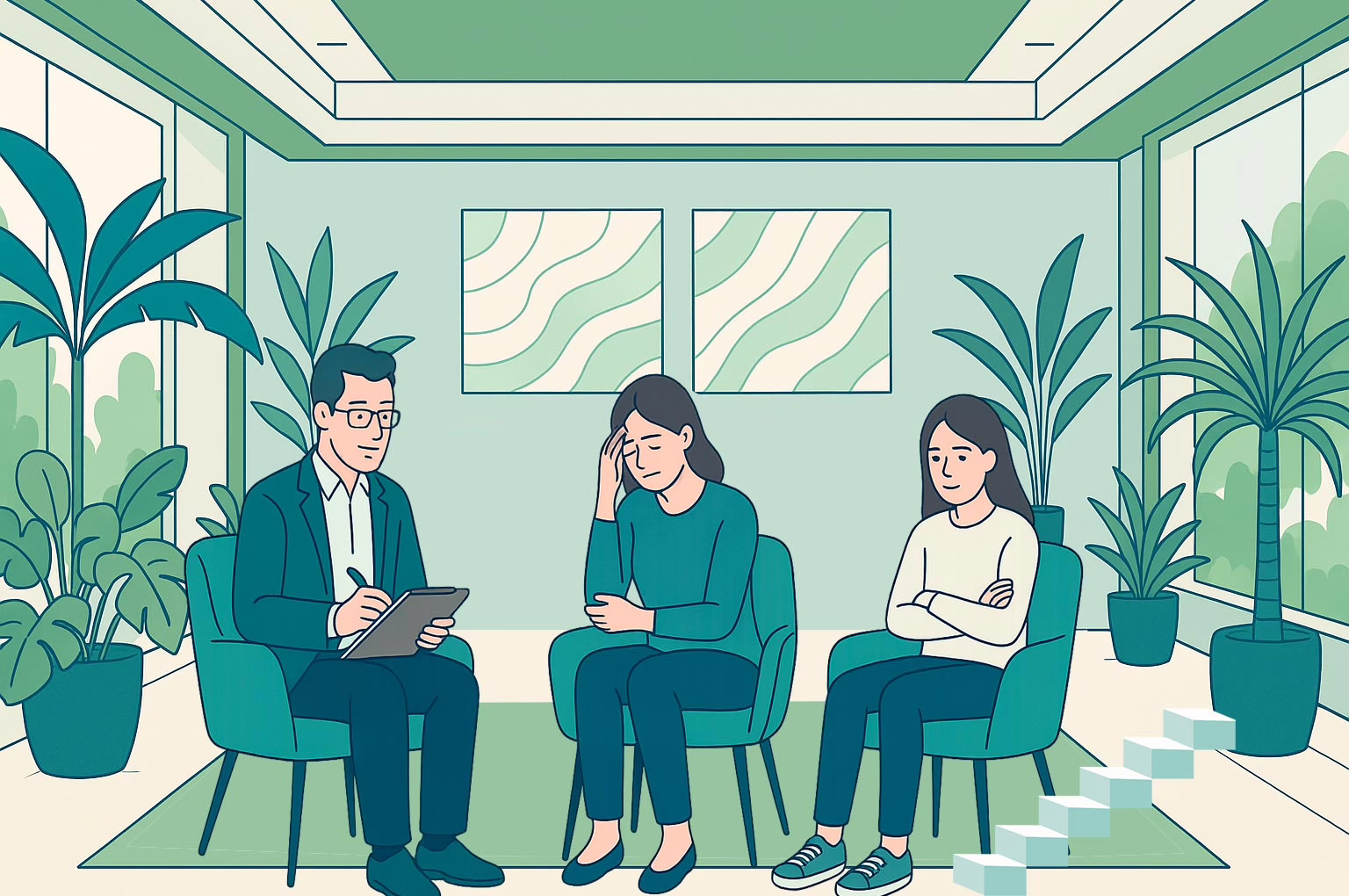 Illustration for post: Steps to Secure Effective Eating Disorder Treatment showing a female teenager with mother and therapist in an office