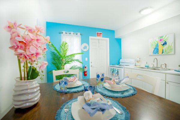 Sunlit kitchen with calming decor in recovery facility