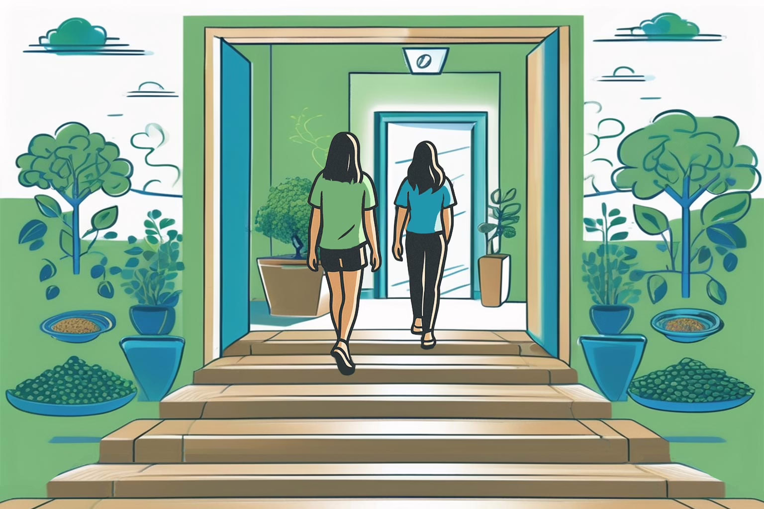Illustration of two adolescents walking up steps to clinic for post:Accessing Free Eating Disorder Treatment: A Comprehensive Guide