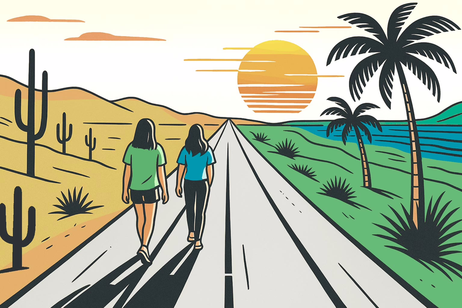 Illustration of two adolescents walking on a road towards the sun rising- Desert landscape on left and tropical landscape on right for post:Accessing Free Eating Disorder Treatment: A Comprehensive Guide
