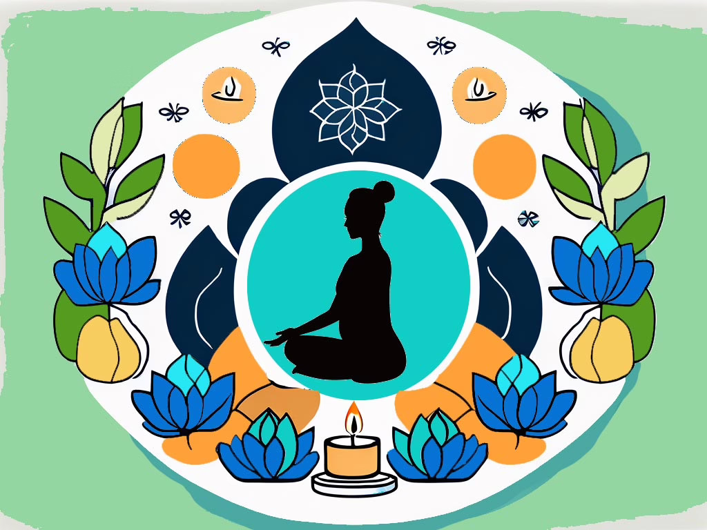 Illustration for post: Factors Beyond Gender Impacting Help-Seeking in Eating Disorder Treatment showing sidewise a female in a lotus position in the centerof a circle with lotus flowers and leaves.