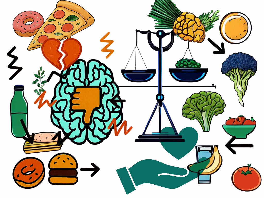Illustration for post: Binge Eating Disorder: Causes, Symptoms, and Treatment Options Explained showing symbols for triggers on 1 side and on the other side healthy foods and a supporting hand holding a heart