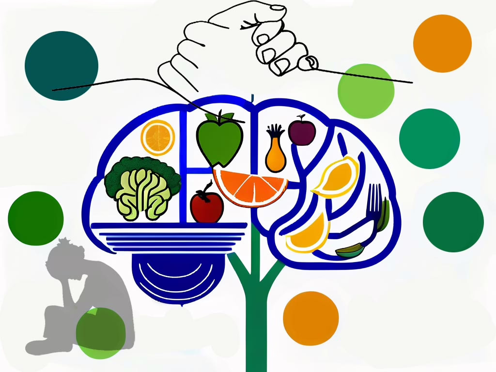 Illustration for post: Binge Eating Disorder: Causes, Symptoms, and Treatment Options Explained showing an outline of a brain filled with healthy food, colored circles scattered around, a shadow silhouette of a despairing female and on the top clasping hands offering support.
