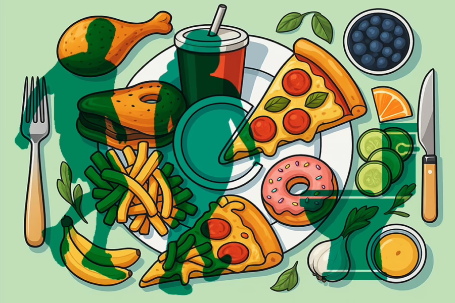 Binging-Purging concept showing plate of fast foods with silhouettes of a feale and male with a toilet overlaid.