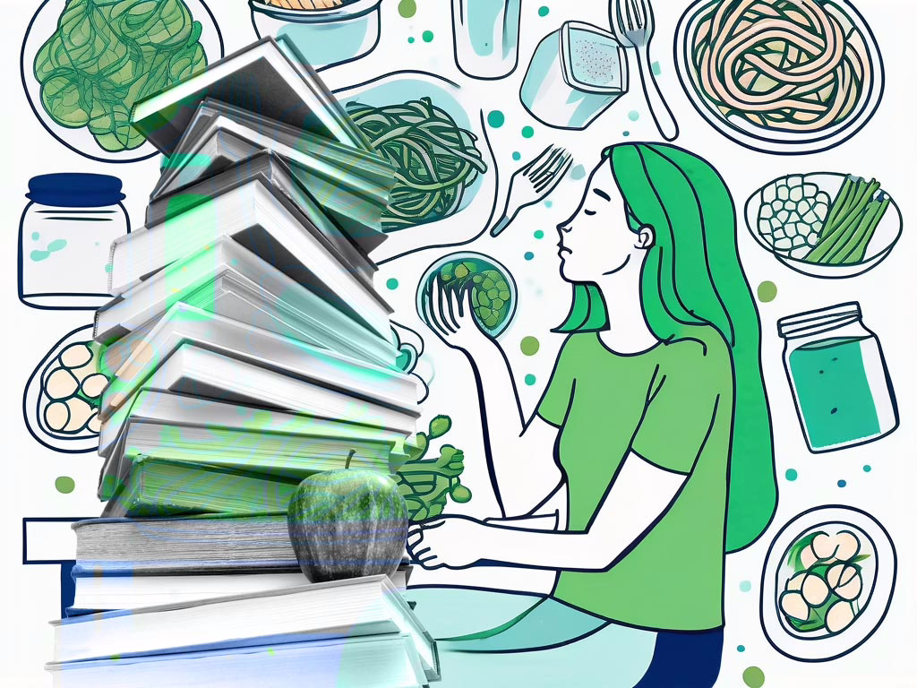 Top Recommended Books for Effective Eating Disorder Recovery illustration with adolescent girl eating with pile of books to one side and food scattered in the background.