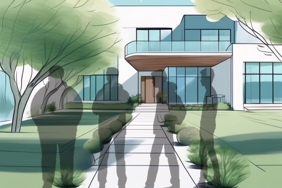 Choosing Residential Teen Male Eating Disorder Treatment-Illustration of 4 partially transparent silhouettes of teenage boys in front of a building.