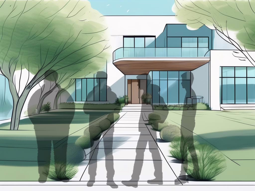 Choosing Residential Teen Male Eating Disorder Treatment-Illustration of 4 partially transparent silhouettes of teenage boys in front of a building.