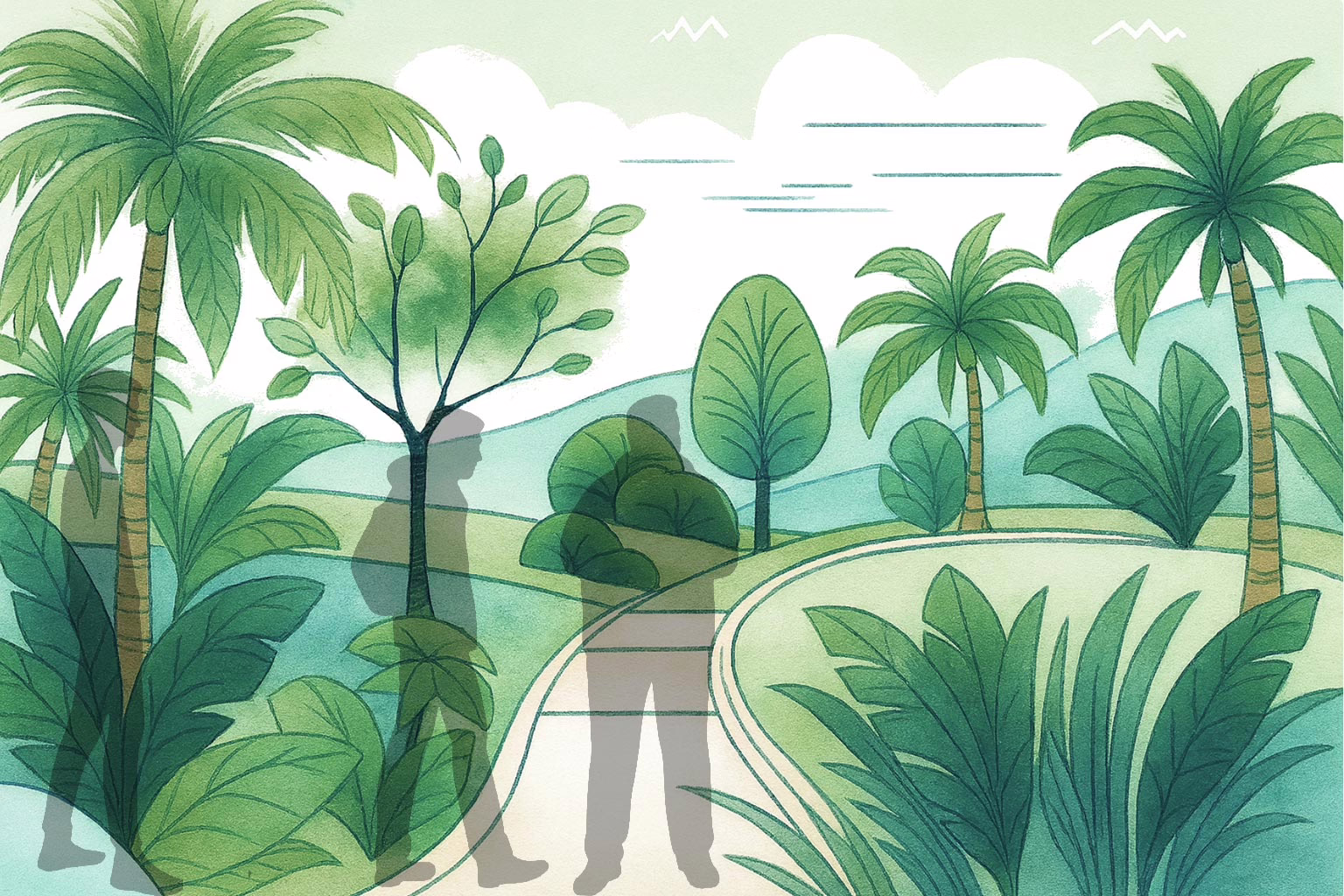 Choosing Residential Teen Male Eating Disorder Treatment-Illustration of 4 partially transparent silhouettes of teenage boys in about to begin walking along a pathway in a tropical setting