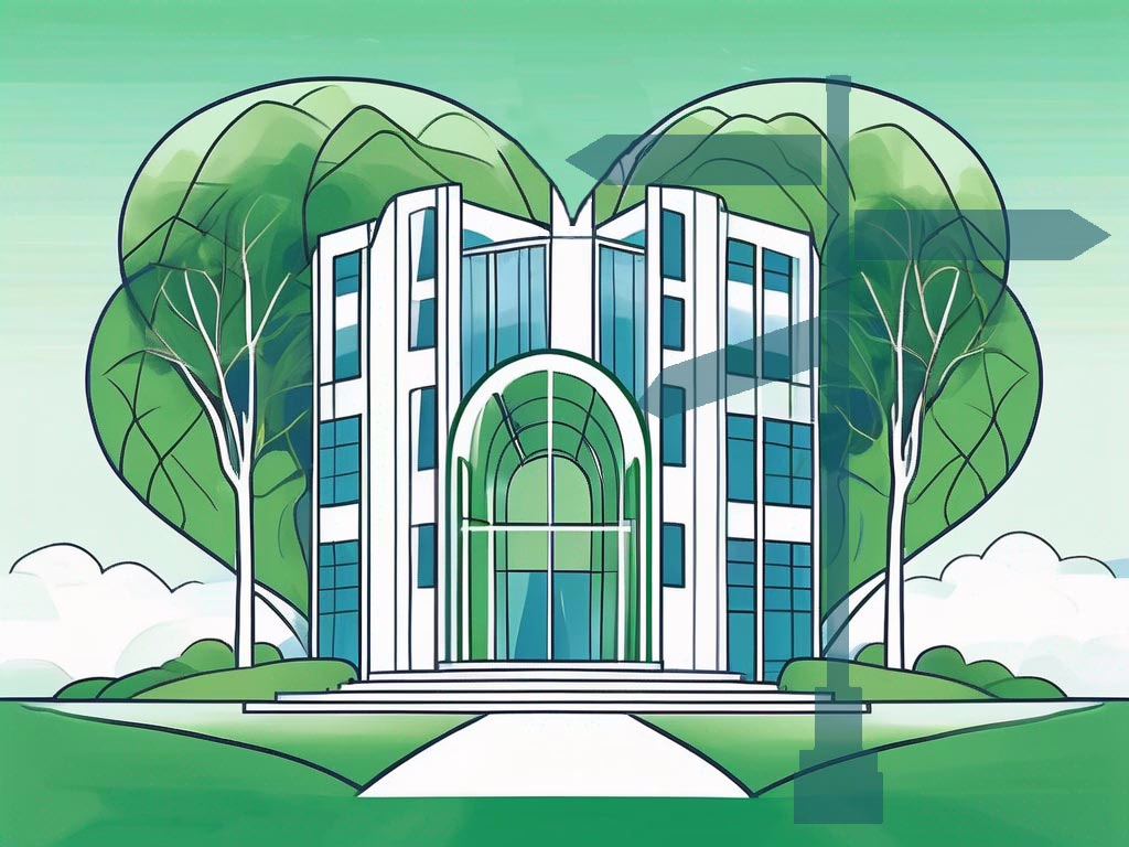 Illustration showing building with heart shaped foliage behind and a faint signpost in front to express the concept: Choosing the Right Eating Disorder and Trauma Treatment Centers: A Guide