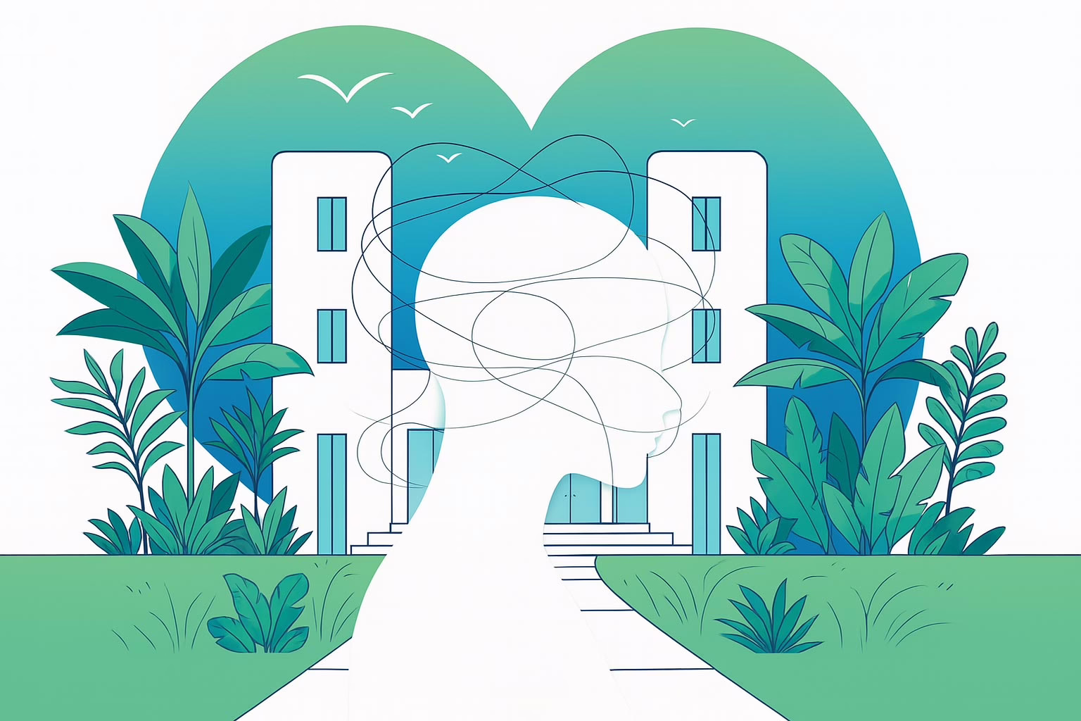 Illustration showing building, silhouette of person in front with lots of lines showing confusion to express the concept: Choosing the Right Eating Disorder and Trauma Treatment Centers: A Guide