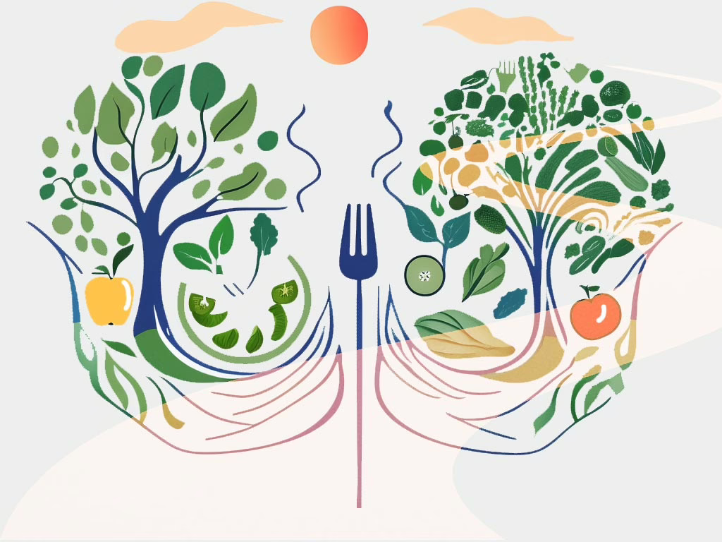 Illustration for post: Choosing the Right Path with Eating Disorder Treatment Collaborative showing two trees with leaves. a blue thin fork separating them, a sun on the center with a cloud on either side and a faint white winding pathway