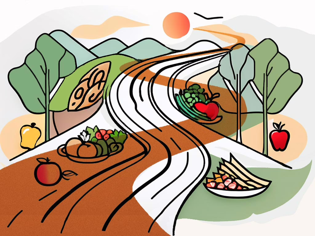 Illustration for post: Choosing the Right Path with Eating Disorder Treatment Collaborative showing stylized foliage, food, apples, pear, with a winding pathway superimposed upon a linear defined road.
