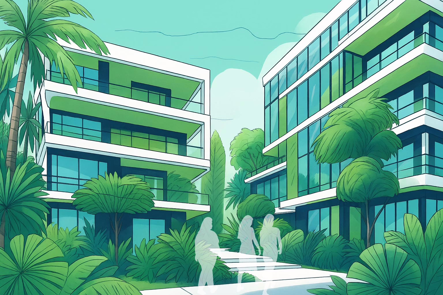 Choosing the Right Eating Disorder Residential Treatment Centers concept: Illustration of 3 women of different sizes walking towards buildings in a tropical setting