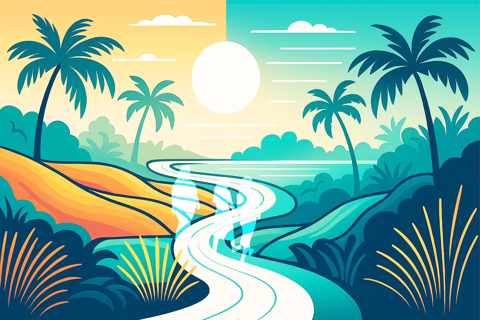 Choosing the Right Eating Disorder Residential Treatment Centers concept: 3 women of different sizes walking on a winding path towards the sun rising in a tropical setting.