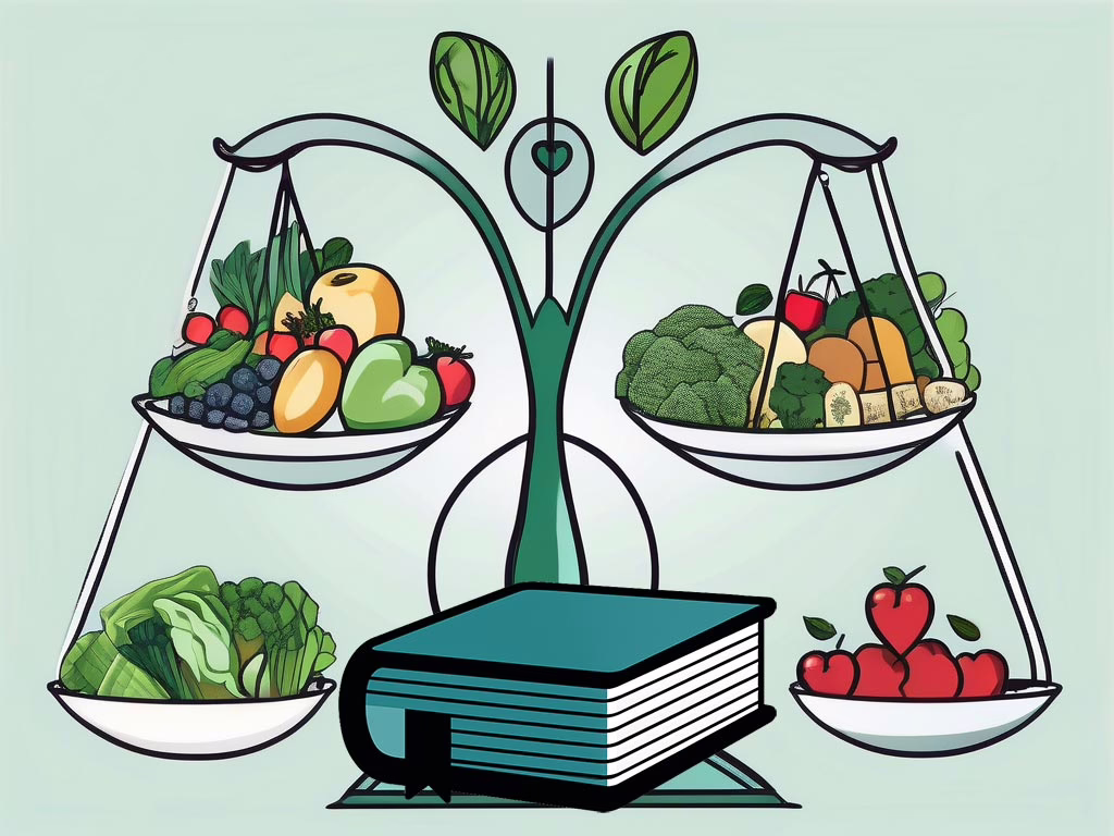 Illustration for post: A Comprehensive Guide on What to Expect in Eating Disorder Recovery showing loads of fruits and vegetables balancing from the arms of an old fashion food scale with a guide book in the fore ground