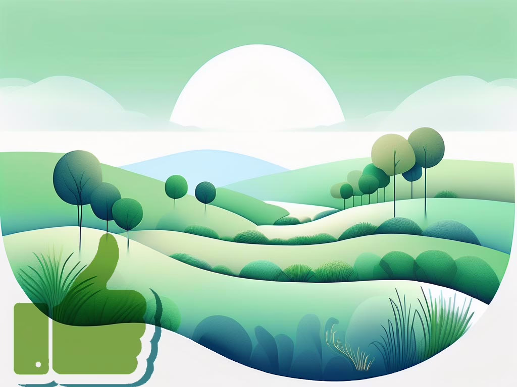 Illustration for post: A Comprehensive Guide on What to Expect in Eating Disorder Recovery showing a peaceful green and teal landscape of rolling hills with a thumbs up icon in the left lower corner.