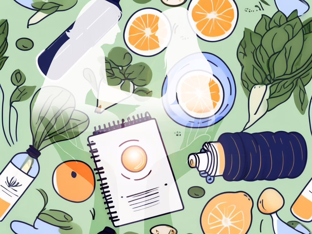 Illustration for post: Coping Strategies for Eating Disorder Anxiety and Depression showing journal with scattered food and other items with a white silhouette of patient with therapist anf up reaching hands representing support