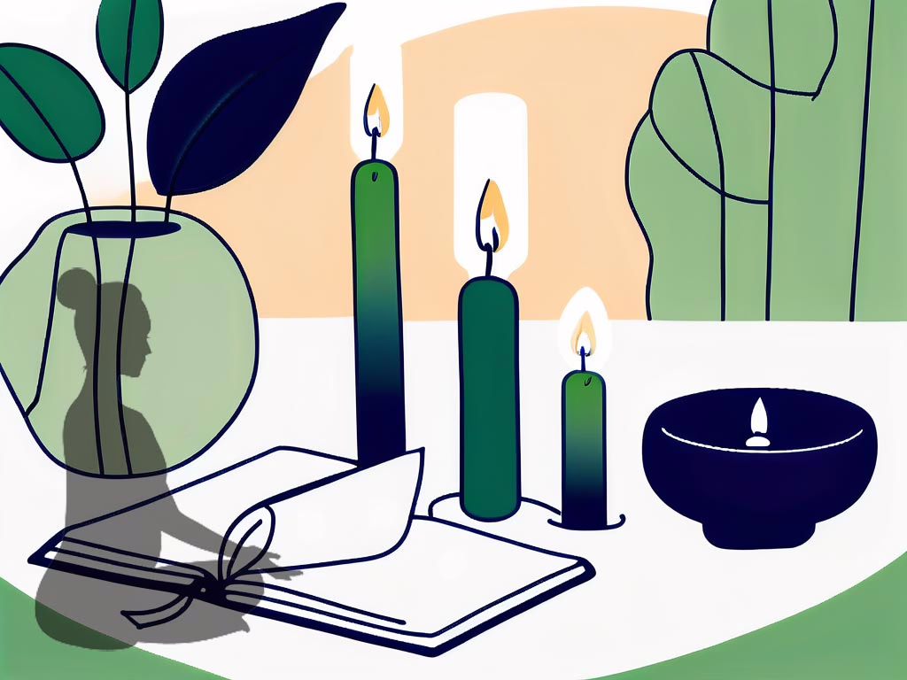 Illustration for post: Coping Strategies for Eating Disorder Anxiety and Depression showing journal with shadow silhouette of a female in the lotus position meditating, 3 green lite candles and a blue bowl with another candle.