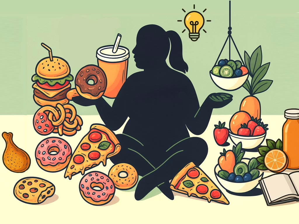 Creating Effective Illustration for post: Treatment Plans for Bulimia and Binge Eating Disorder showing overweight female surrounded by fast foos on her left and healthy foods on her right with a lightbulb over her head