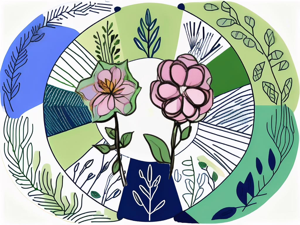 Illustration for a post: A Comprehensive Guide to Different Types of Eating Disorder Treatment showing a circular plate with two flowers laying over the plate's design elements. A second circle with vines and leaves surrounds the plate.