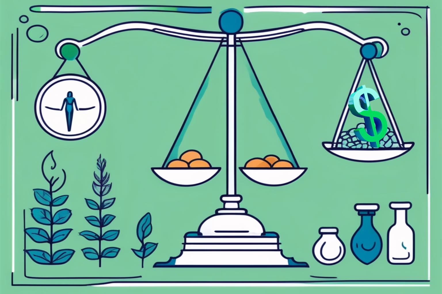 Concept illustration: Does Insurance Cover Eating Disorder Treatment?- Two scales. Larger scale with weight and dollar sign. Inner smaller scale with food.