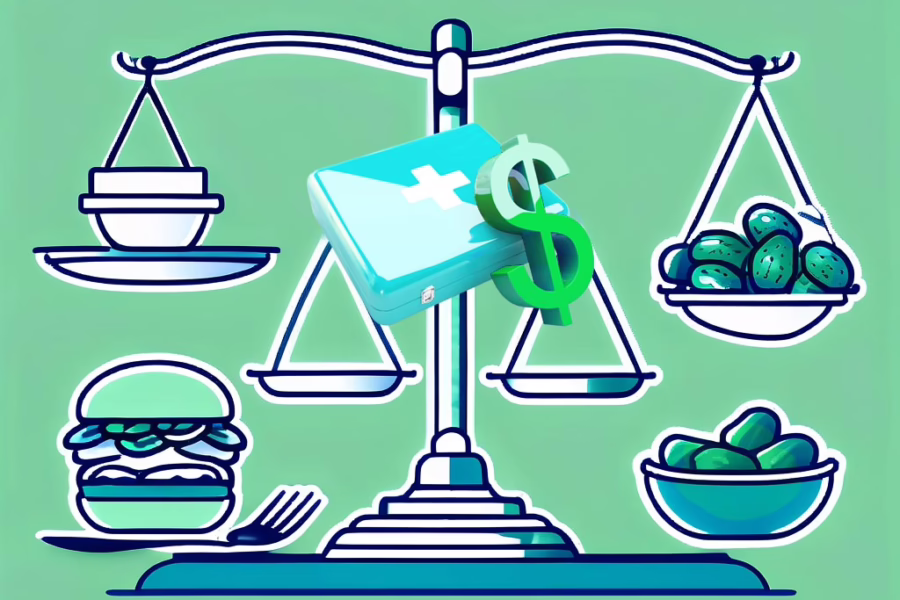Concept illustration: Does Insurance Cover Eating Disorder Treatment?- Scales with food with smaller scale with medical suitcase and dollar sign next to it -
