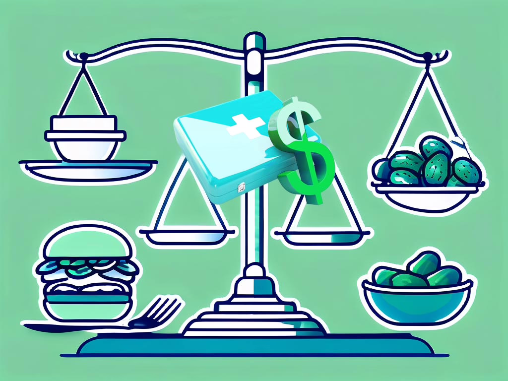 Concept illustration: Does Insurance Cover Eating Disorder Treatment?- Scales with food with smaller scale with medical suitcase and dollar sign next to it -