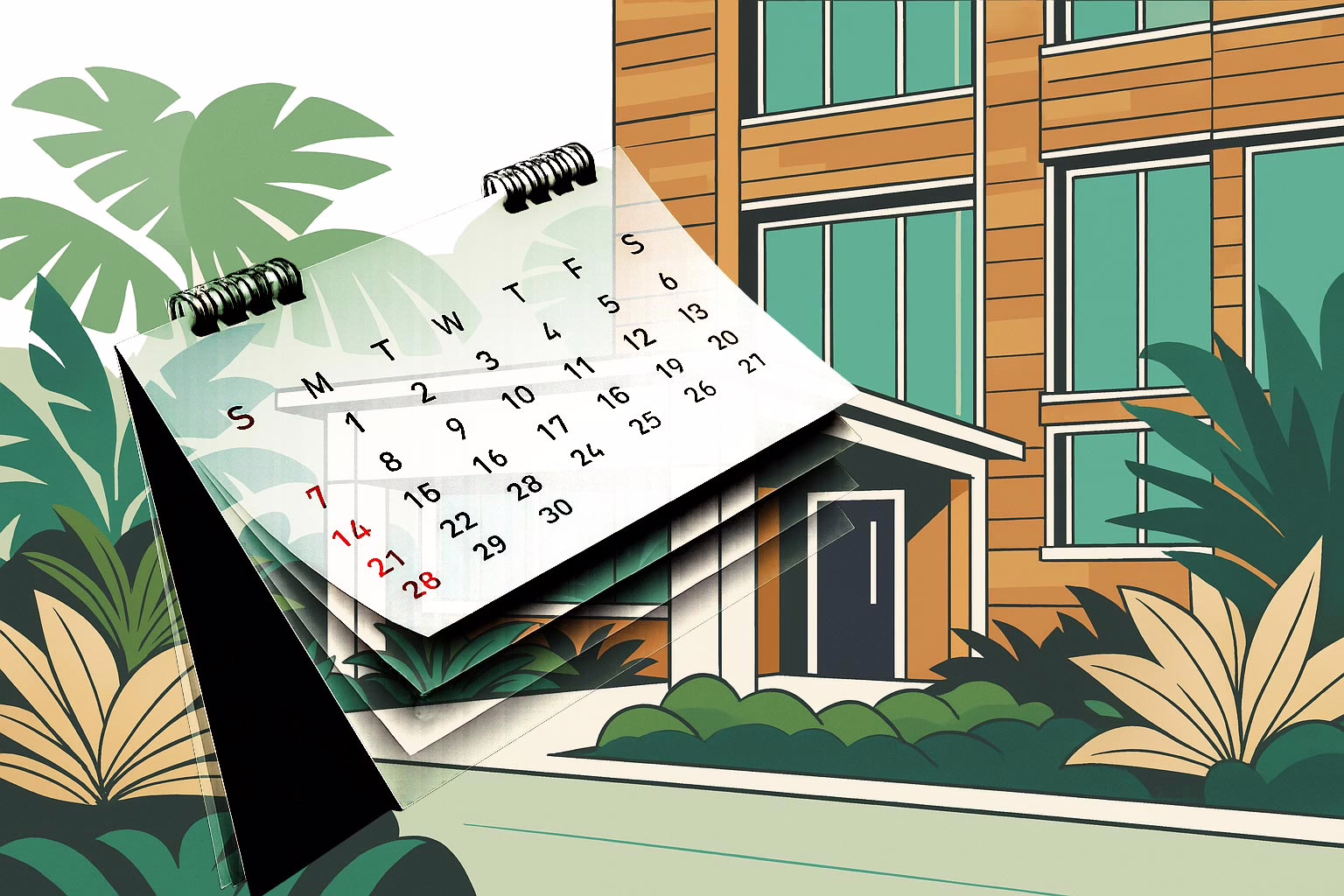 Illustration for the post: Duration of Inpatient Eating Disorder Treatment: What to Expect showing a clinic's building, amidst tropical foliage with a calendar flapping open on top of the rest of the image.