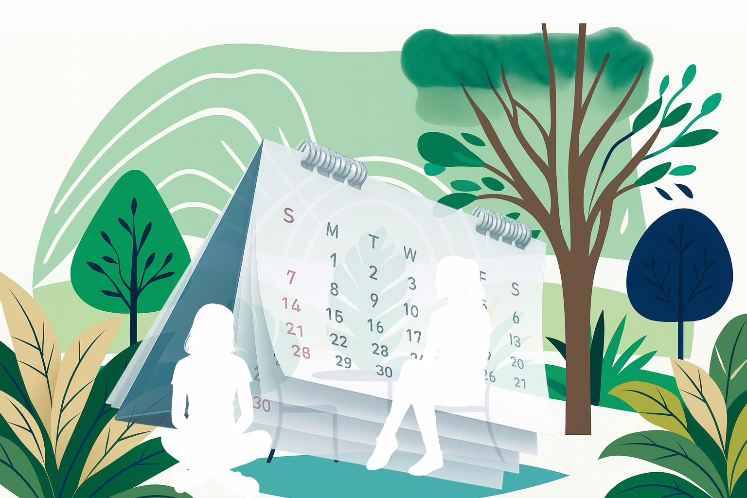 Illustration for the post: Duration of Inpatient Eating Disorder Treatment: What to Expect showing an outside scene with 2 adolescent girls- one seated on a chair the other on the ground with a semi transparent calendar flapping open on top of the rest of the image.