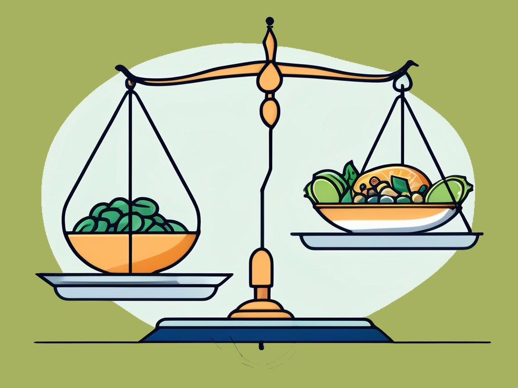 Illustration for post: Effective Eating Disorder Treatment Options for Adults shows food scale with an imbalanced set of scales balanced with different healthy foods on either side.
