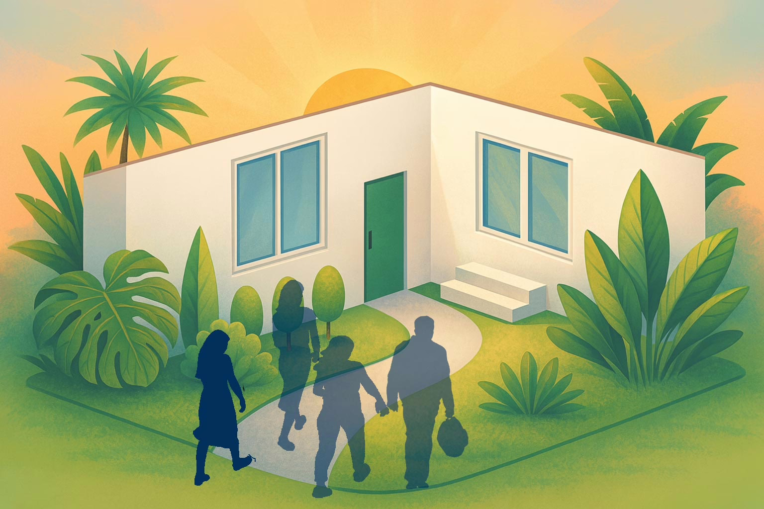 Illustration for post: Effective Eating Disorder Treatment Options for Adults shows 3 women and 1 man approaching the facade of a building with adoor, tropical foliage and a sun rising behind the facade.