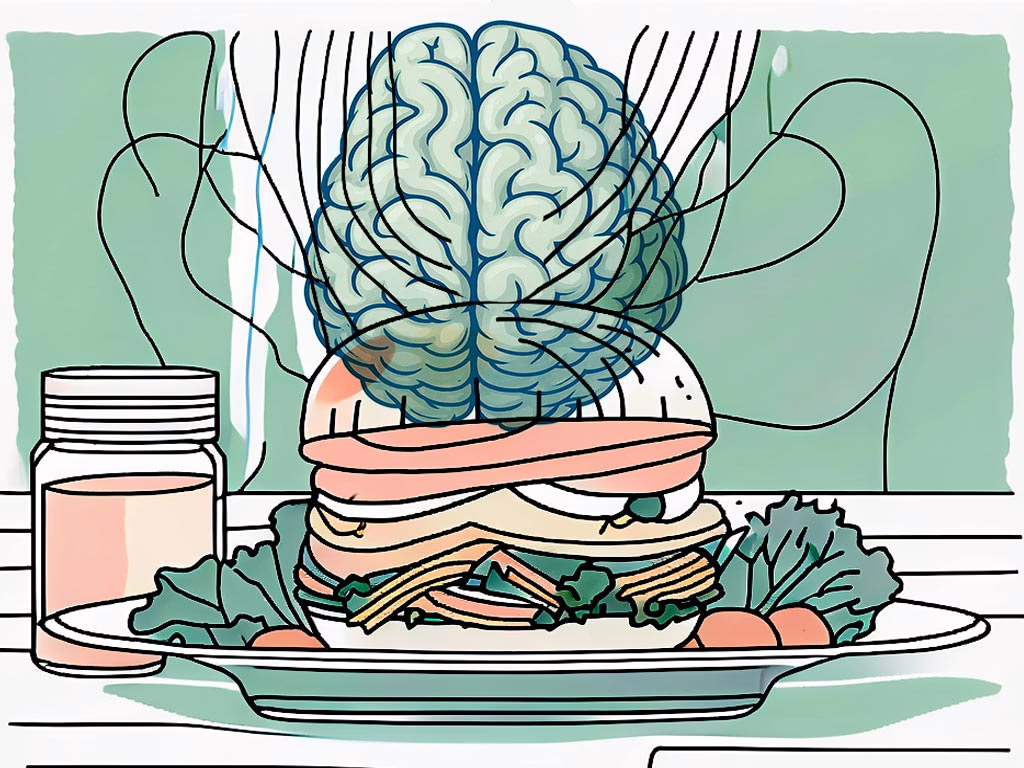 Illustration of brain hovering over a large hamburger plate to express: Effective Treatment Options for Compulsive Overeating Disorder