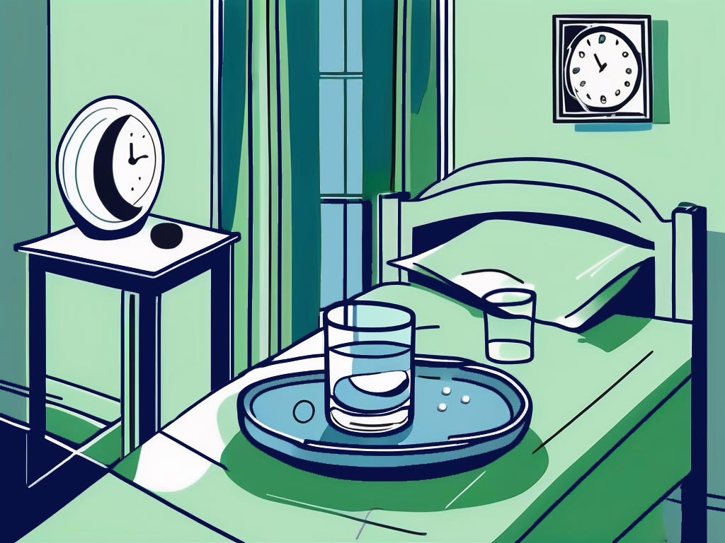 Illustration of a bedroom at night with clock on a night stand and a tray on a table with a glass and pills for the post: Effective Sleep Eating Disorder Treatment Options for Recovery