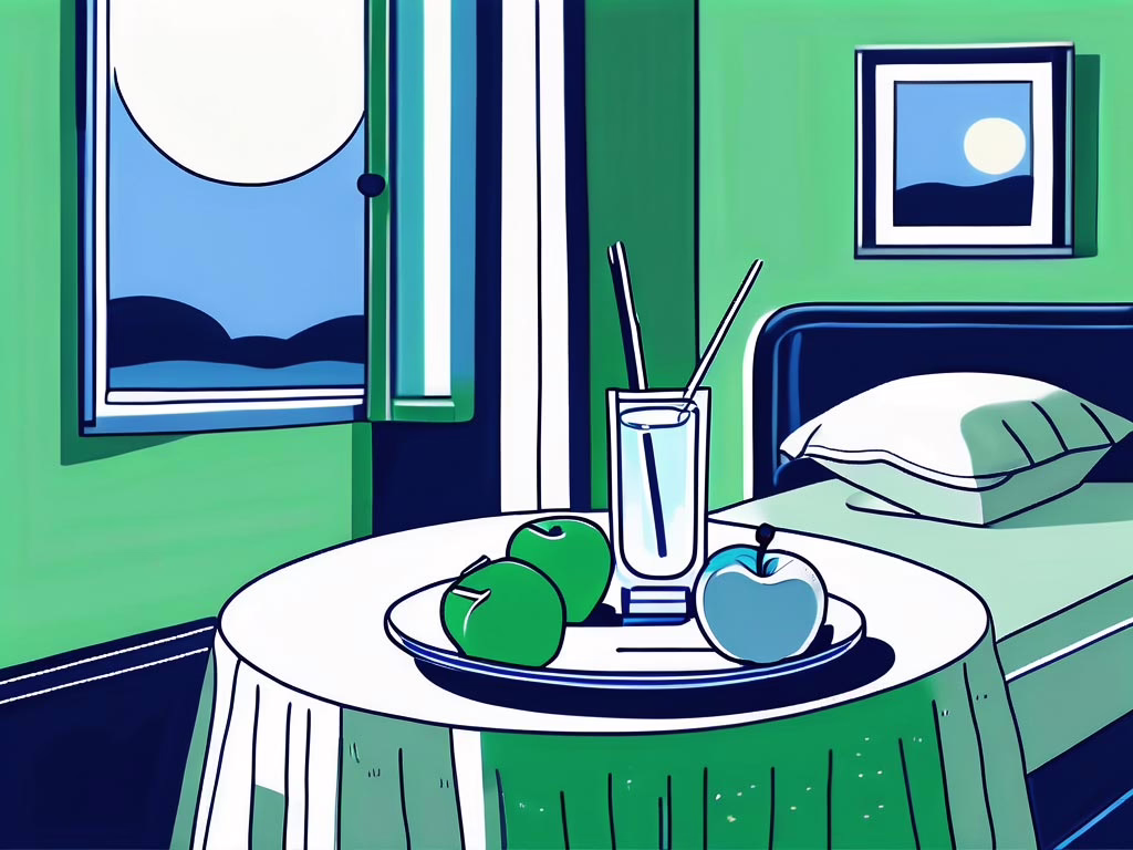 Illustration of a bedroom at night with a full moom in the window and a tray on a table with a glass and and 3 apples for a post: Effective Sleep Eating Disorder Treatment Options for Recovery