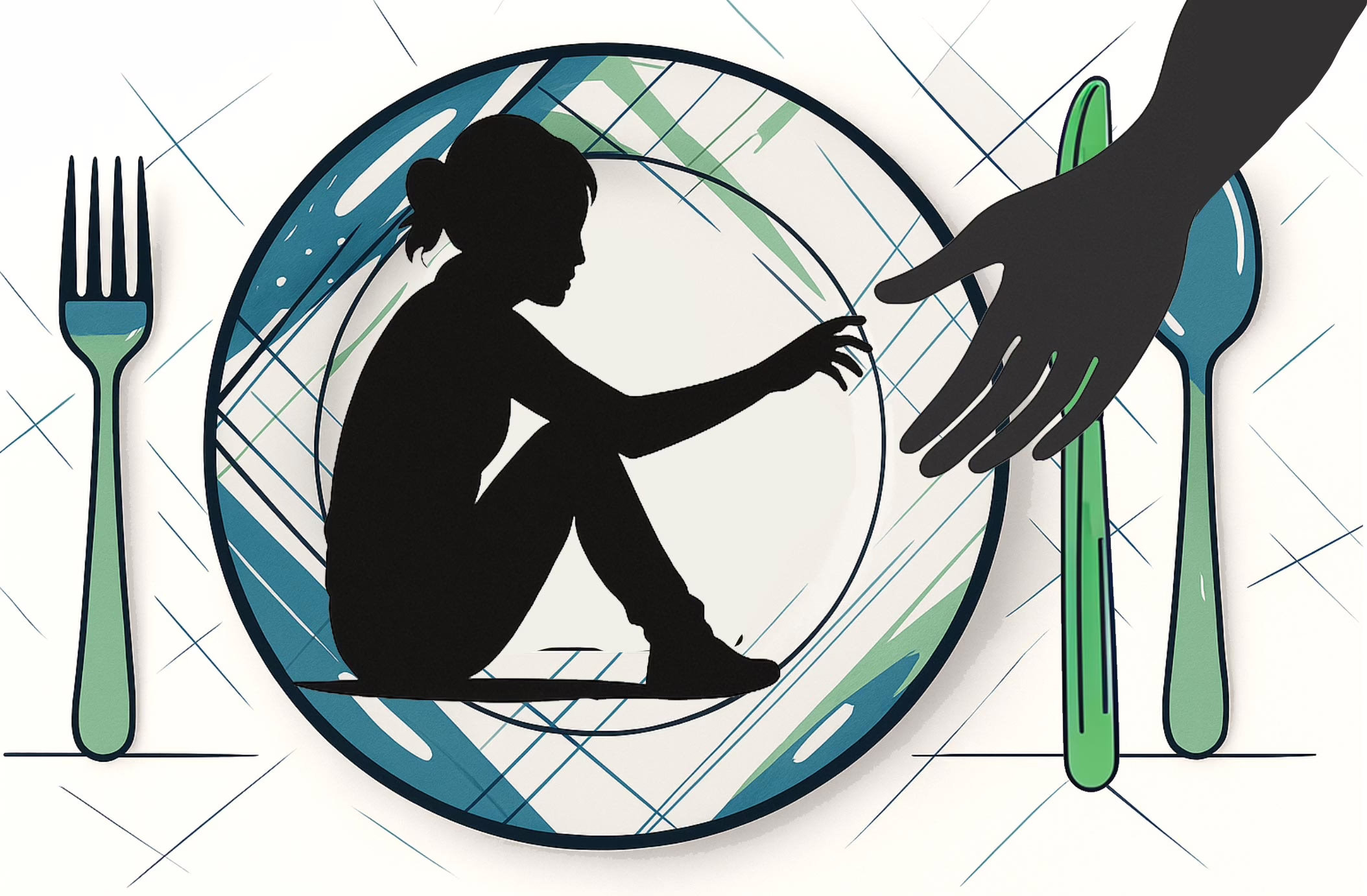 Illustration of female adolescent sitting on plate reaching out for help with large hand reaching towards her showing support- concpet for the post about: Effective Steps for Seeking Eating Disorder Treatment