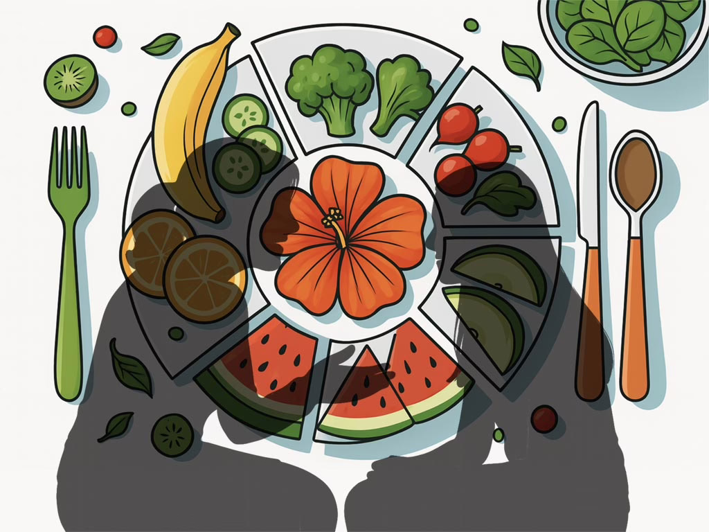 Illustration for post: Effective Strategies for Helping Someone with an Eating Disorder showing plate with therapist and female patient talking in silhouette overlaying a plate wit healthy food.