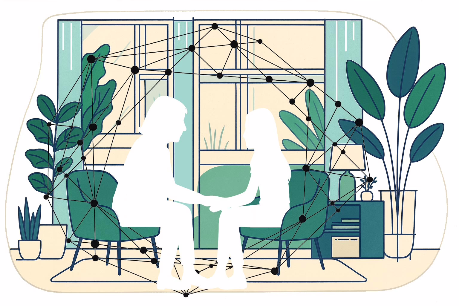Illustration for post:Effective Strategies for Seeking Eating Disorder Treatment showing a therapists office with therapist and patient sitting in chairs with held hands. Geometric shape connecting dots