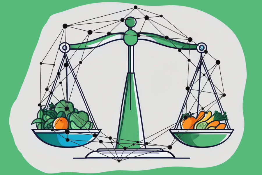 Illustration for post: Effective Strategies for Seeking Eating Disorder Treatment showingan old fashion food scale that balances containers with food. An overlay of a geometric shape connecting dots is a concept representing strategies