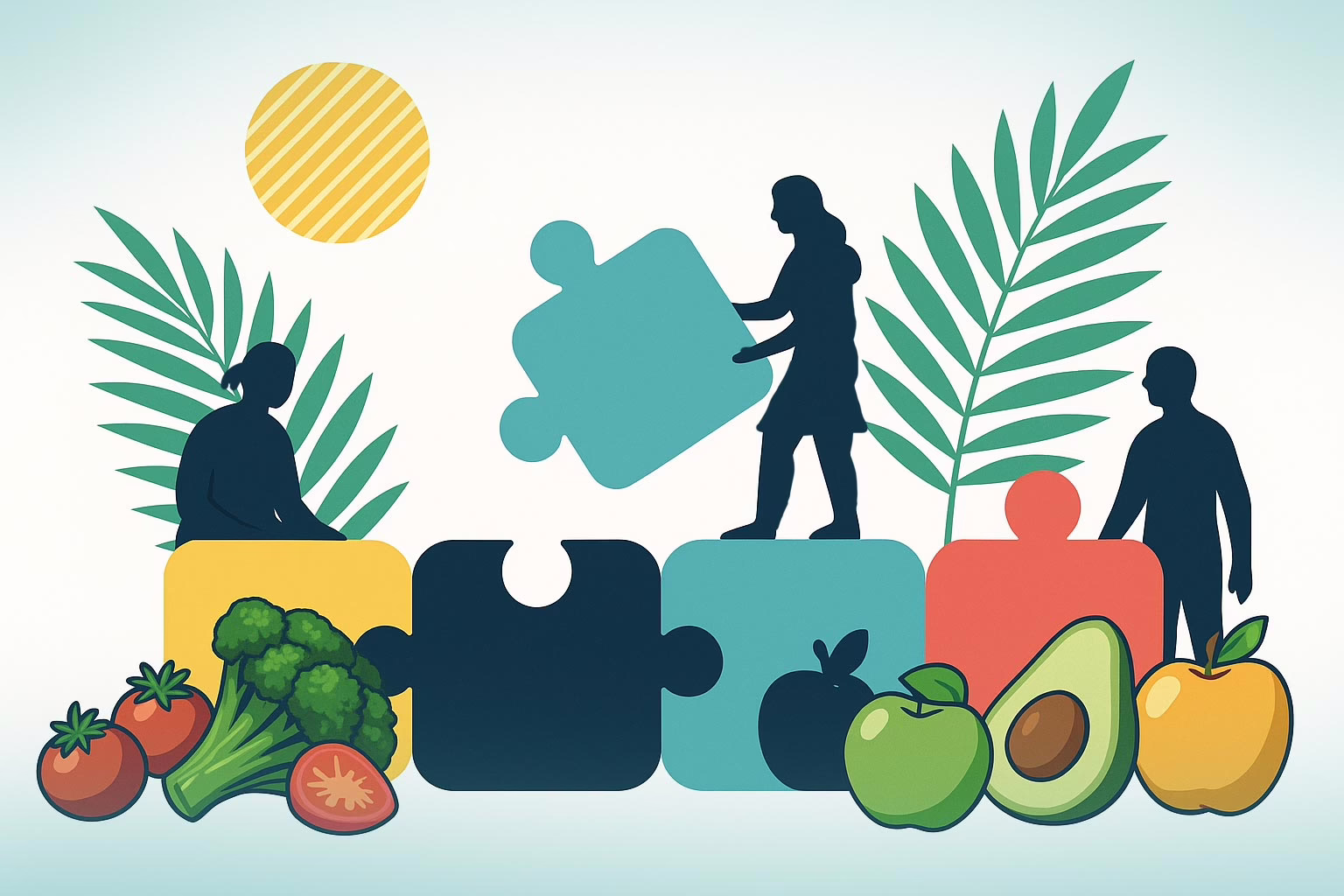 Illustration of 3 people putting together puzzle pieces with fruit and veggies in the fore ground for the post about Effective Strategies for Long Term Eating Disorder Treatment