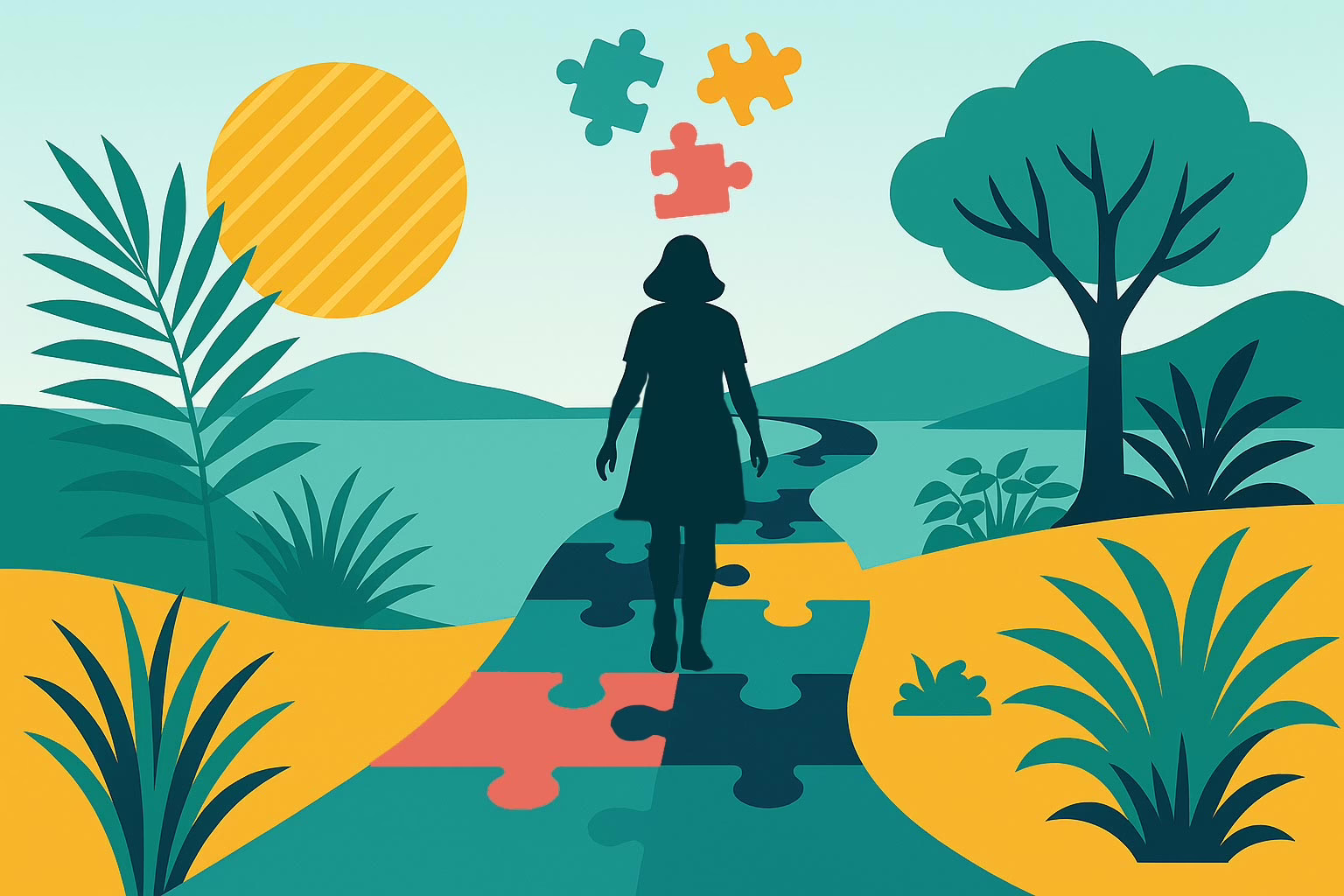 Illustration of female walking down a path made of interlocking puzzle pieces for the post about Effective Strategies for Long Term Eating Disorder Treatment