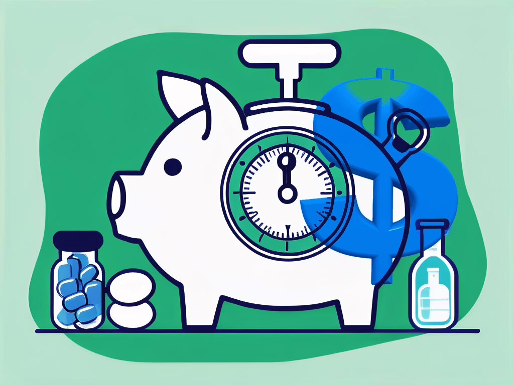 Illustration of a piggy bank with dollar sign , bottles of pills and weight scale for post: Evaluating the Cost of Eating Disorder Treatment: A Comprehensive Guide
