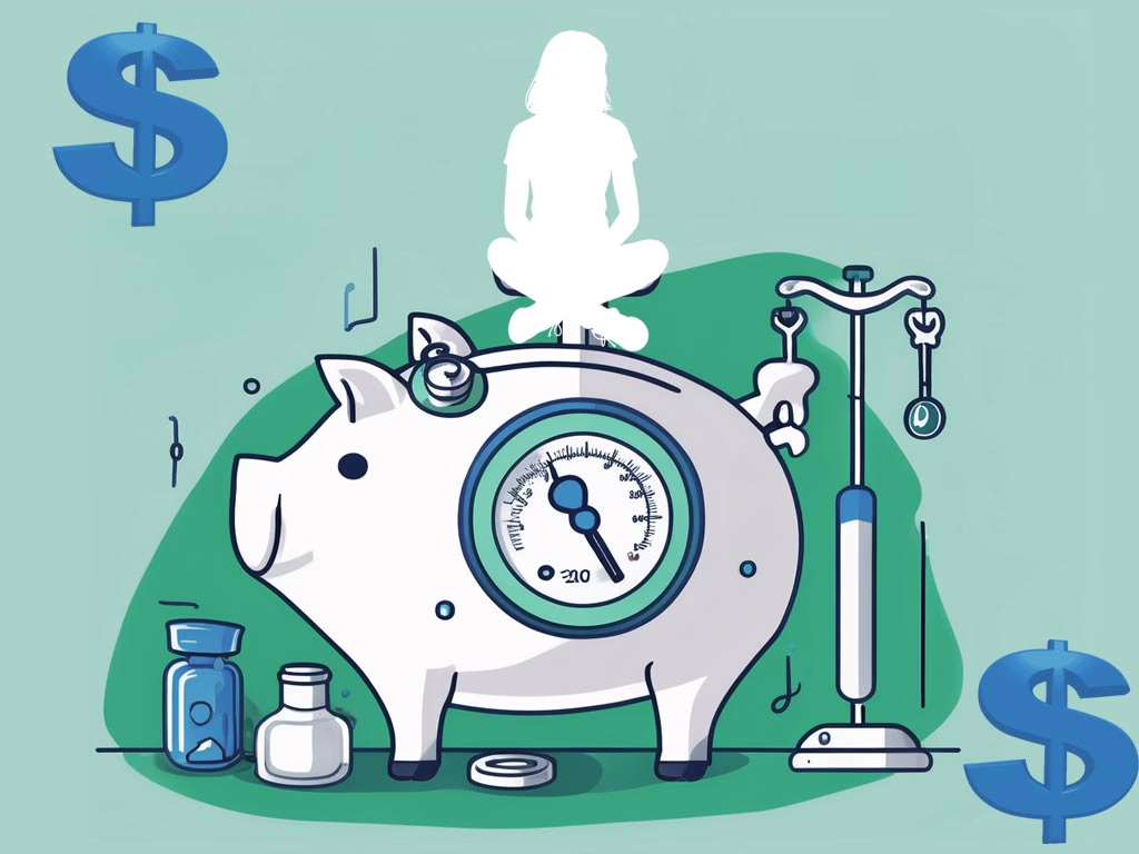 Illustration of a piggy bank with adolescent sitting cross legged on its top, dollar signs in either corner , bottles of pills and weight scale for post: Evaluating the Cost of Eating Disorder Treatment: A Comprehensive Guide